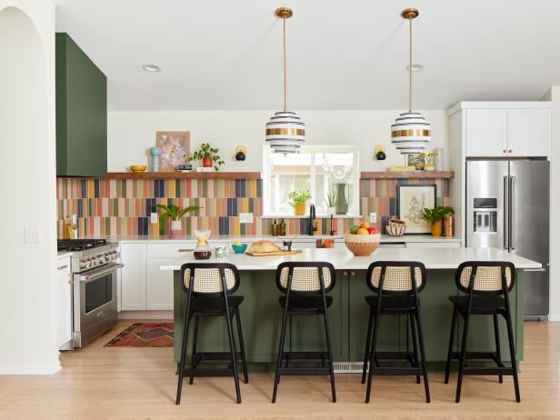 Eclectic Kitchen With Multicolor Backsplash and Green Island