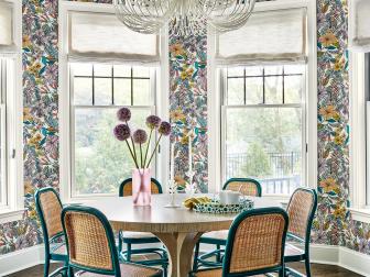 Eclectic Breakfast Nook With  Wallpaper and Exposed Wood Beams