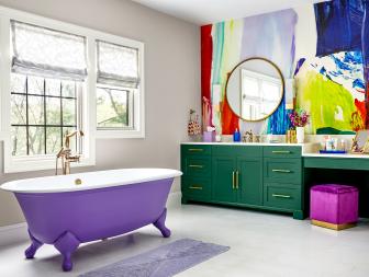 Colorful Bathroom With Abstract Wallpaper and Purple Tub