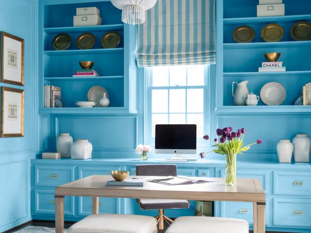 Traditional Blue Office With Painted Ceiling
