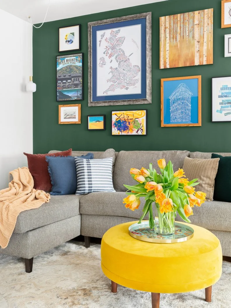 Green Accent Gallery Wall in Living Room