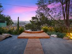 Cedar Hot Tub in Los Angeles Backyard with Sunset Mountain Views