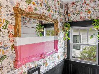 Transitional, Eclectic Guest Bathroom With Multicolor Floral Wallpaper and a DIY Painted Accent Mirror