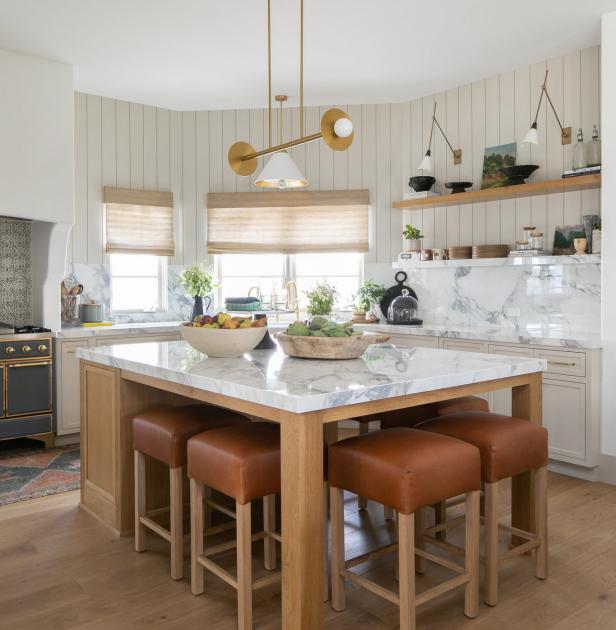 Neutral Transitional Kitchen With Leather Barstools