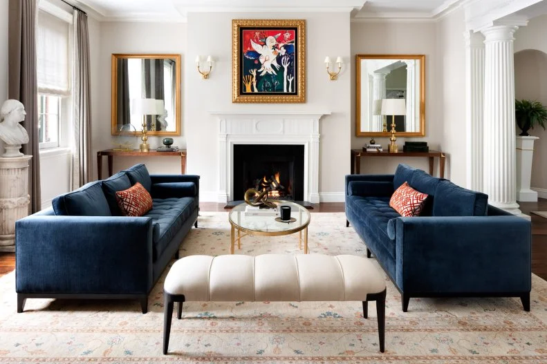 White Living Room With Blue Sofas