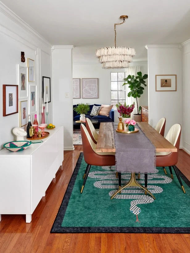 Boho Dining Room With Teal Snake-Print Rug