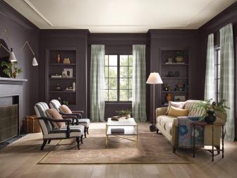 Black Transitional Living Room Featuring HGTV Home by Sherwin-Williams' 2023 Color of the Year