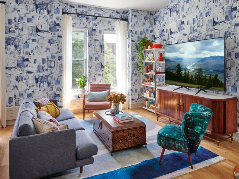 Eclectic Living Room With Blue Wallpaper