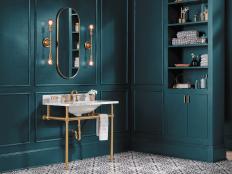Teal Bathroom With Brass Accents