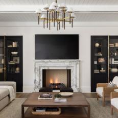 White Contemporary Living Room With Black Shelves