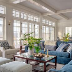 Blue and White Traditional Living Room With French Doors