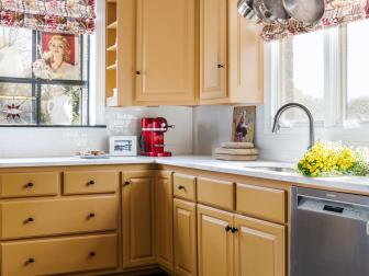 Eclectic Kitchen With Golden Yellow Cabinets