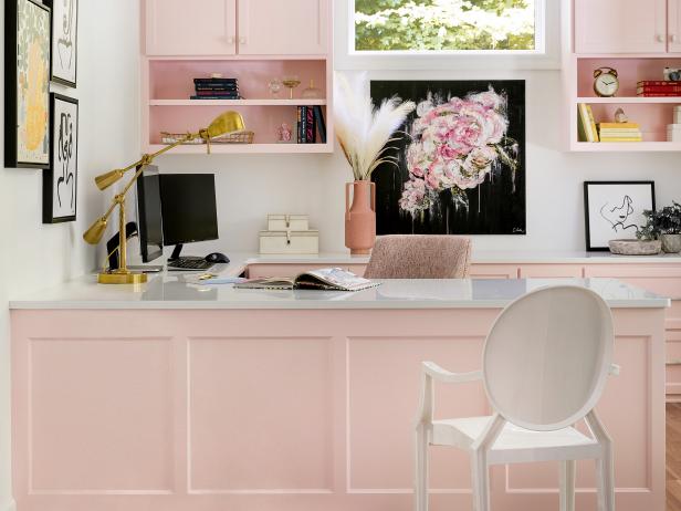 Modern Home Office With Pink Cabinets
