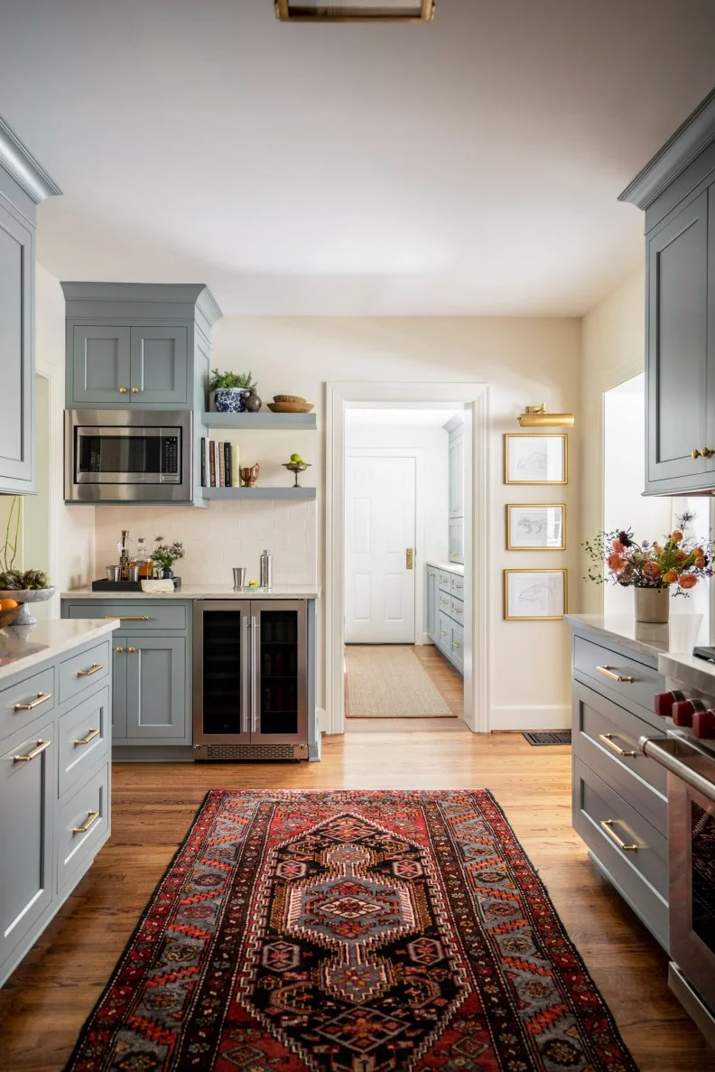 Blue Kitchen With Red Rug