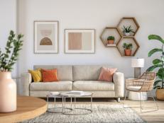 Bohemian living room interior 3d render with  beige colored furniture and wooden elements