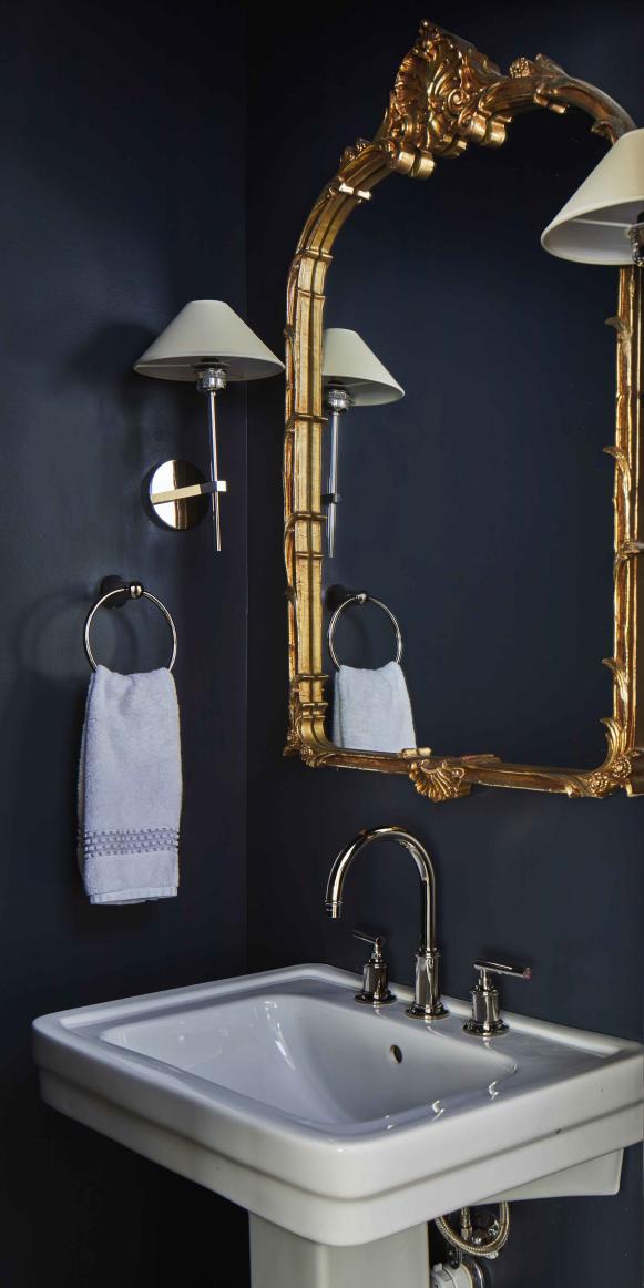 Gray Powder Room and Gold Mirror