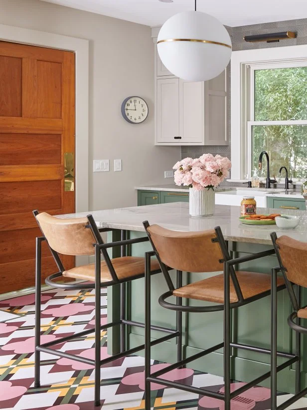 Gray and Green Kitchen With a Multicolor Painted Floor