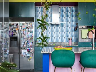 Contemporary Loft Kitchen With Colorful Walls and Geometric Tile 