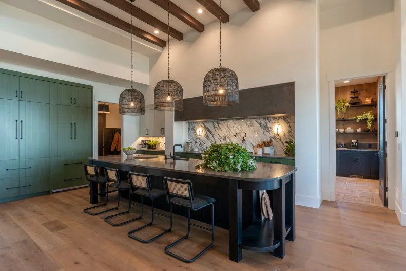 Team Jonathan Knight and Kristina Crestin's finished kitchen features ceiling beams and a long, rounded edges island, as seen on Rock the Block, Season 4. (After, Matches Kitchen Before 0006)

