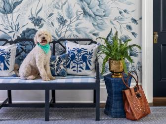 A Goldendoodle in a Floral Entryway