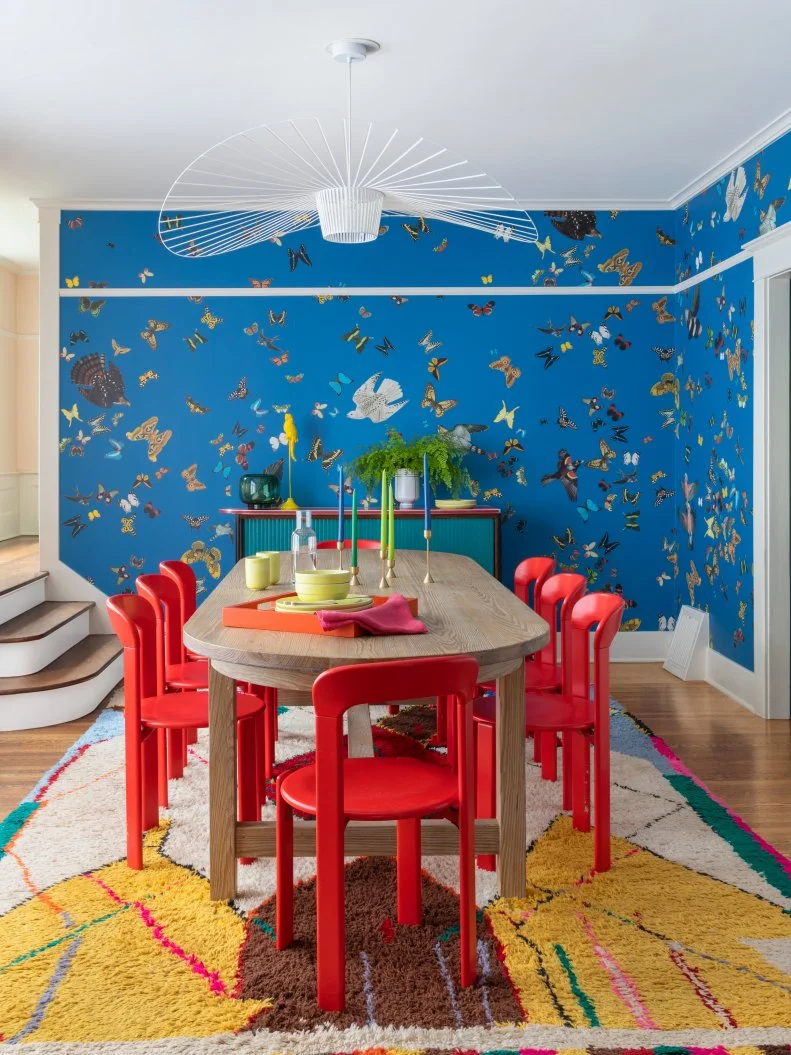 Blue and Red Wallpapered Dining Room