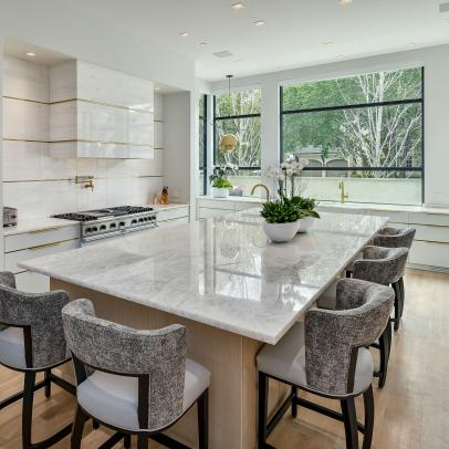 White Modern Chef Kitchen With Two Tone Stools