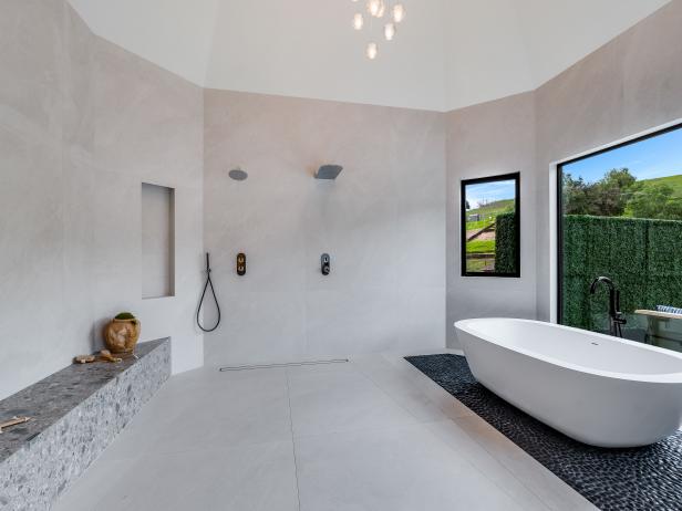 Modern Neutral Bathroom With Dual Showers