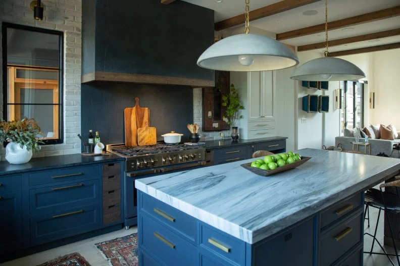 Blue Kitchen With Marble Island, Pendants, Exposed Beams