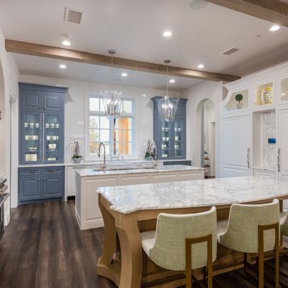 French Country Kitchen With Gray Blue Cabinets