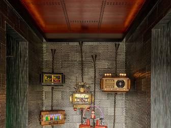 Custom Foyer with Radio Box Art and Leather Ceiling 