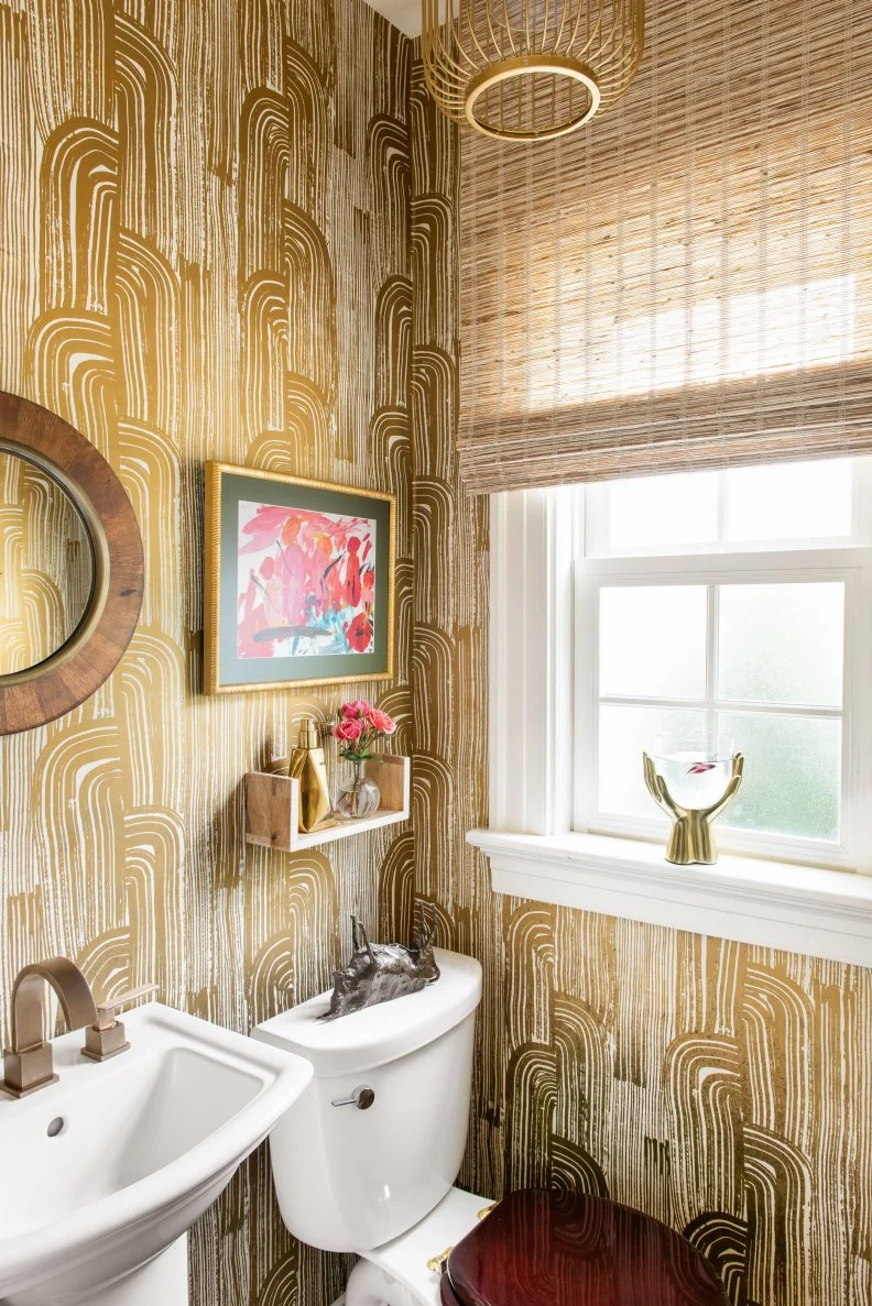 Gold Eclectic Bathroom With Pink Art