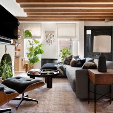 Neutral Living Room With Exposed Wood Beams