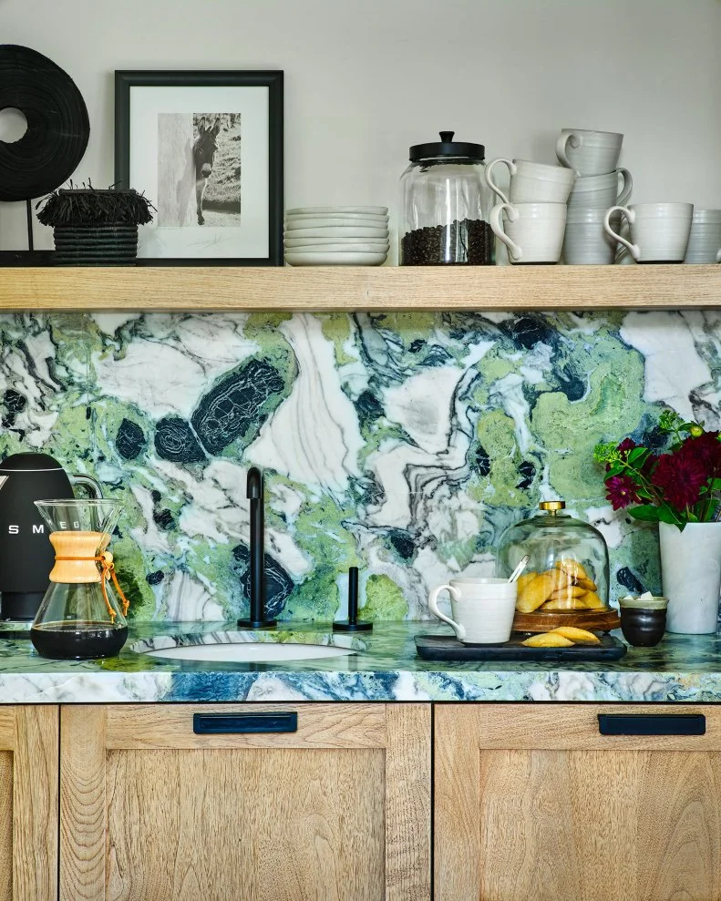 Blue, Green and White Kitchen Backsplash Under Floating Shelf