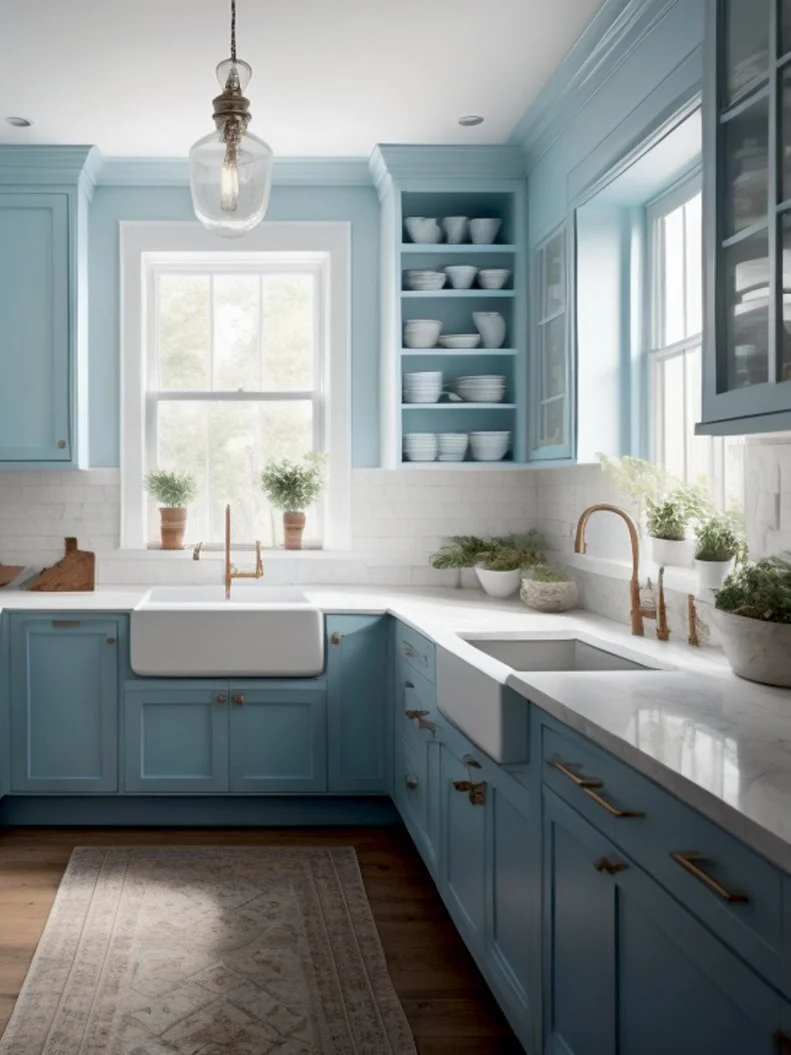 HGTV presents this transitional blue kitchen featuring C2 Paint's 2024 Color of the Year, Thermal.