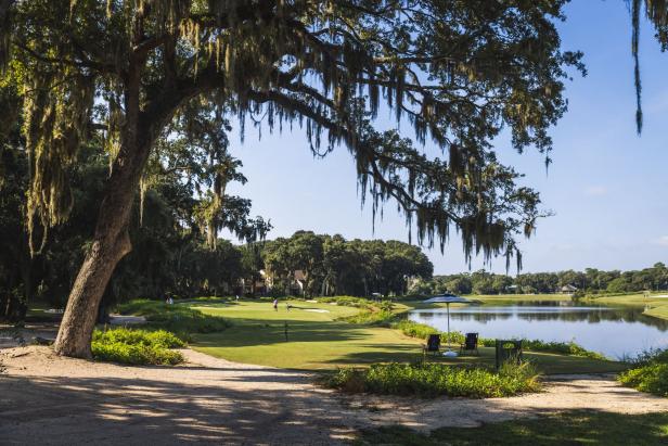 A golf course and pond under Spanish moss-laden trees on Amelia Island, Florida.