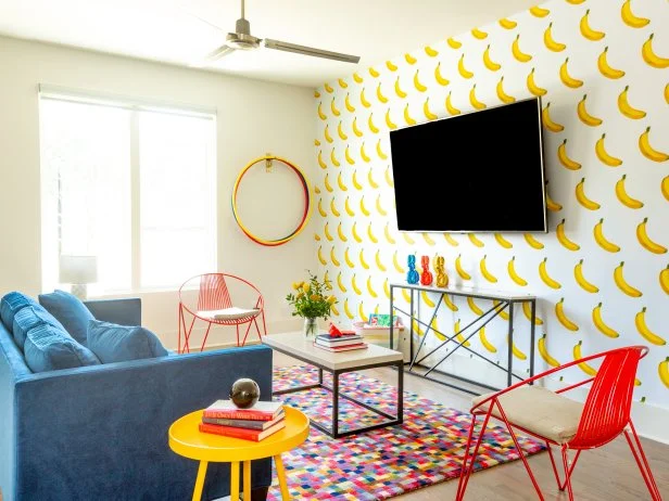 Eclectic, Multicolor Living Room With Fruity Wallpaper