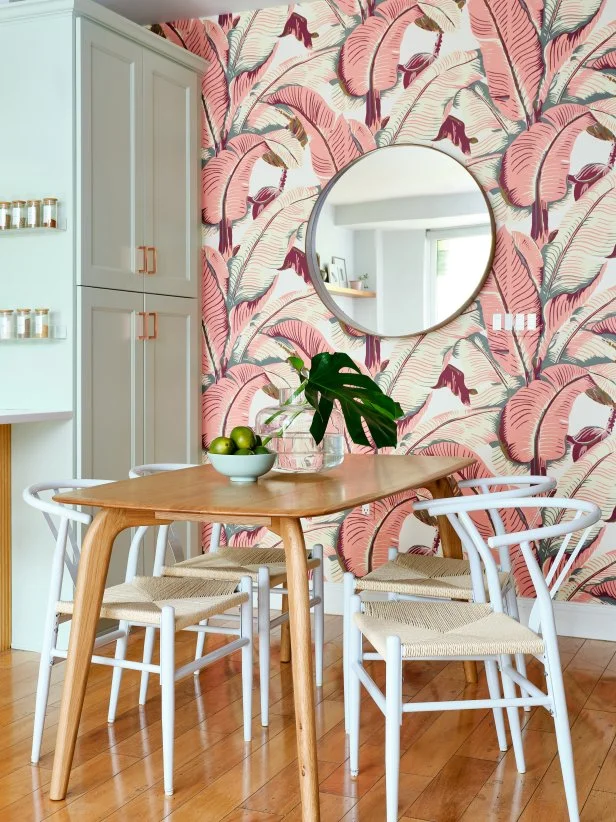 Modern Dining Room With Pink Palm Wallpaper