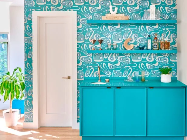 Teal Wet Bar With Mod Wallpaper