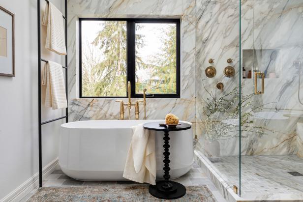 Spa Bathroom With Gold Marble Wall