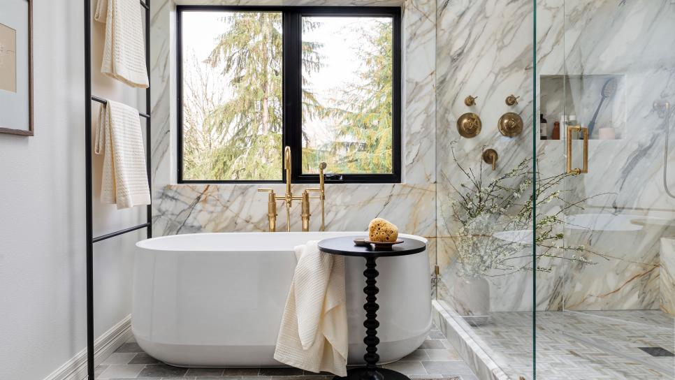 Spa Bathroom With Gold Marble Wall