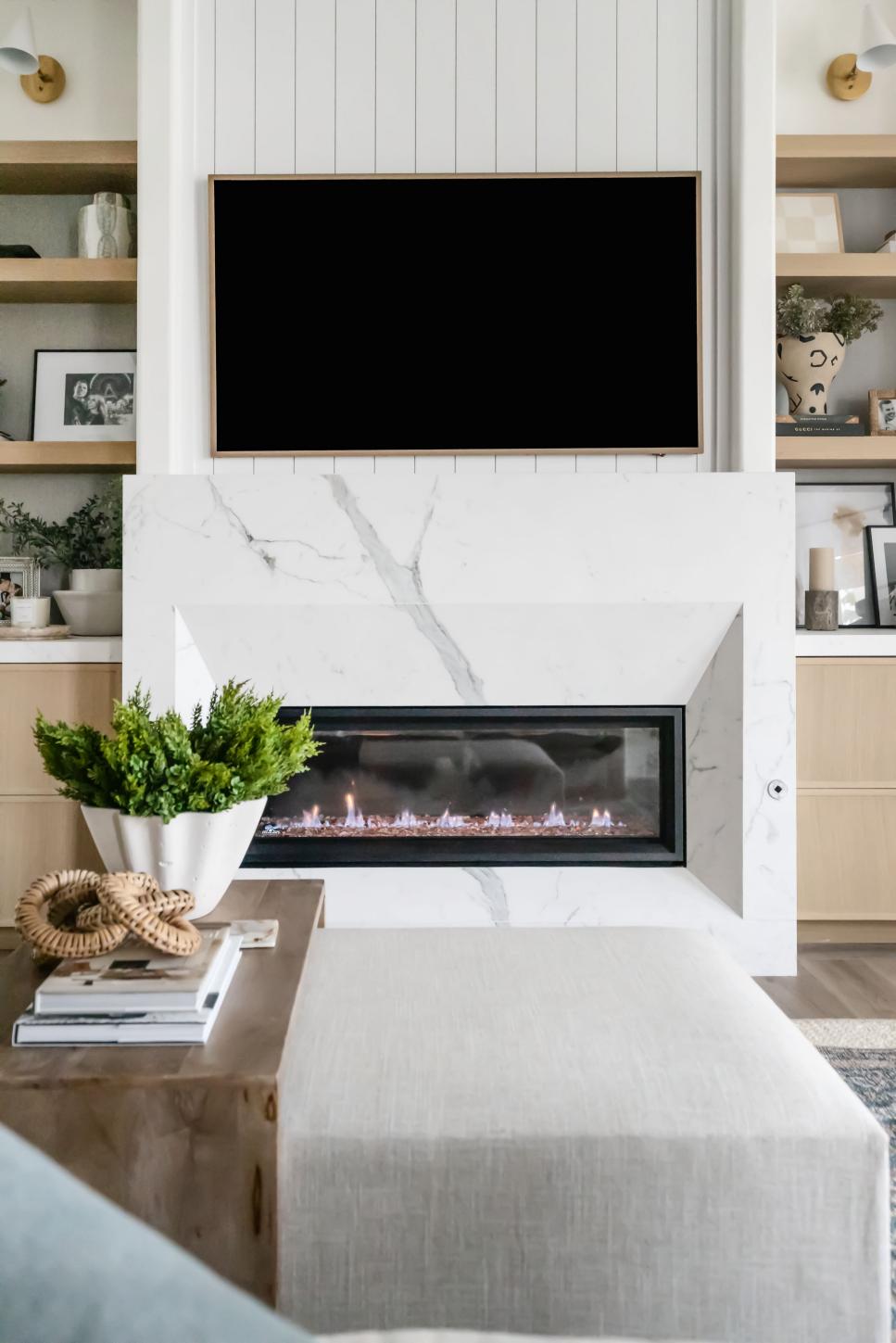 Living Room With Marble Fireplace