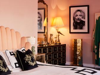 Pink Hollywood Regency Bedroom With Glass Chandelier and White Linens 