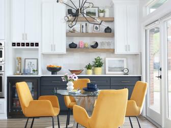 Cool Dining Area in a Black and White, Transitional Kitchen