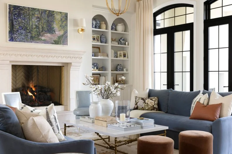 White Living Room With Black French Doors