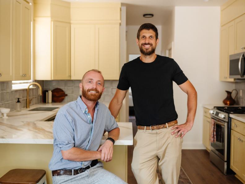 Host Keith Bynum and Evan Thomas pose for a group shot for the Mardi Gras kitchen, as seen on Bargain Block New Orleans, Season 1.