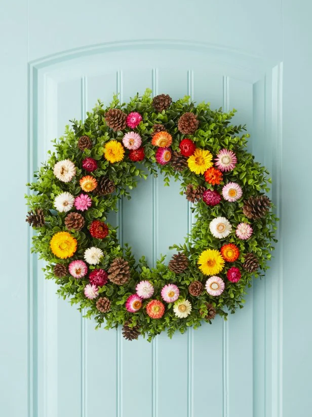 Faux Greenery Wreath With Dried Flowers and Pine Cones