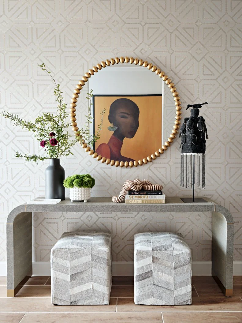 Neutral Entryway  With Wallpaper, a Console and Modern Art