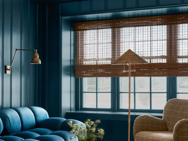 Blue Living Room With Woven Shades