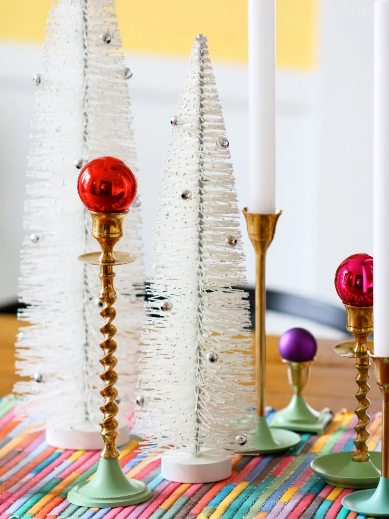 Holiday Centerpiece With Ornaments on Taper Candlesticks