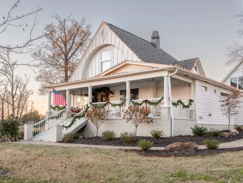 Hosts Dave and Jenny Marrs's exterior home, as seen on Fixer to Fabulous Holiday Social Project on HGTV.